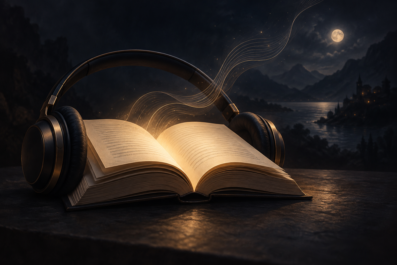 An open book with headphones and warm sound waves against a moonlit landscape