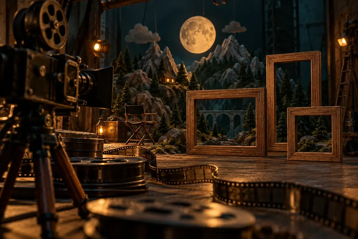 A film camera and three frame formats surround a miniature movie set
