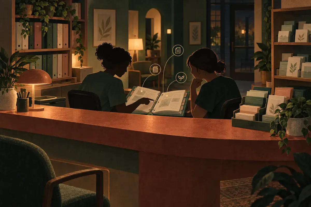 Two clinic staff find procedures in a shared handbook at reception