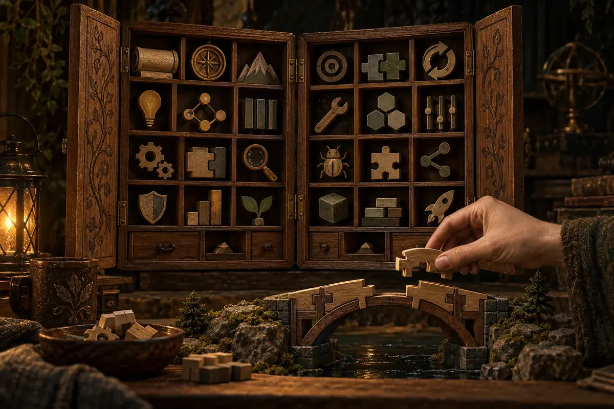 A reusable tool from a cabinet helps complete a small bridge