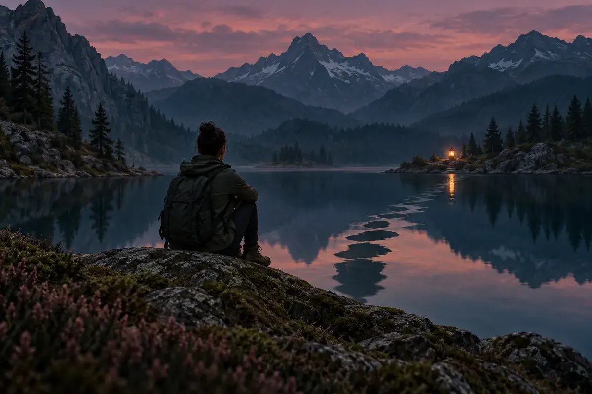 A person reflects beside a mountain lake, with a path toward a distant lantern