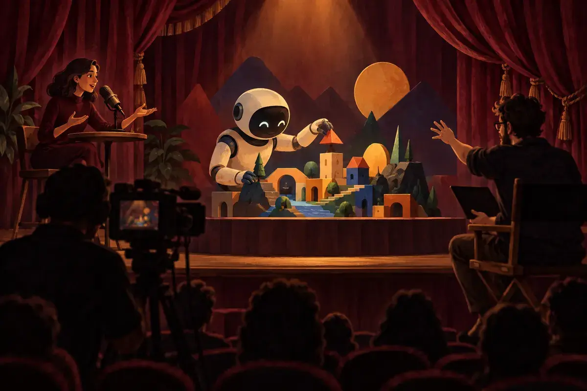 An agent builds a miniature scene onstage while a narrator explains and a director guides