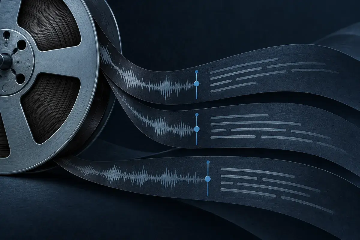 Recorded sound on a tape reel becomes synchronized transcript ribbons