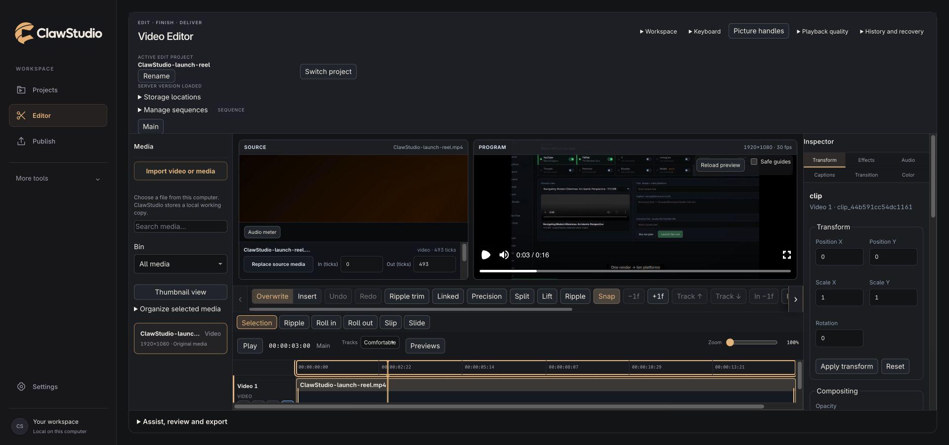 The current ClawStudio creator editor with source and program monitors, a timeline, and the inspector