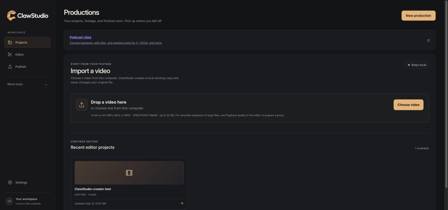 ClawStudio creator Projects screen