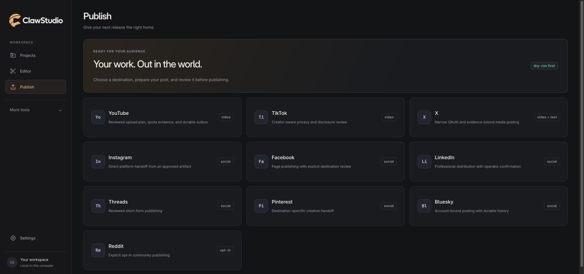 ClawStudio creator Publish destinations