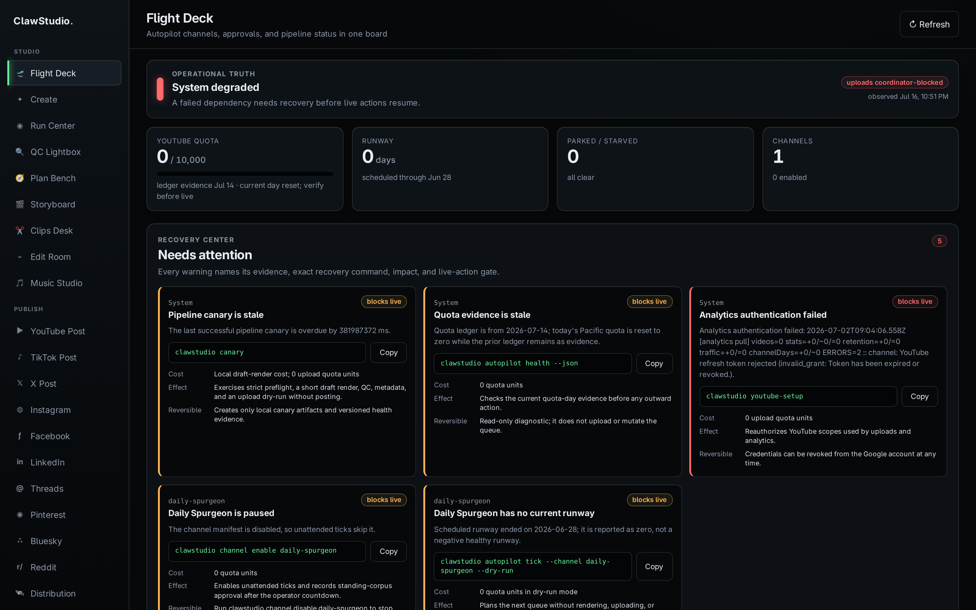 ClawStudio Flight Deck operations dashboard