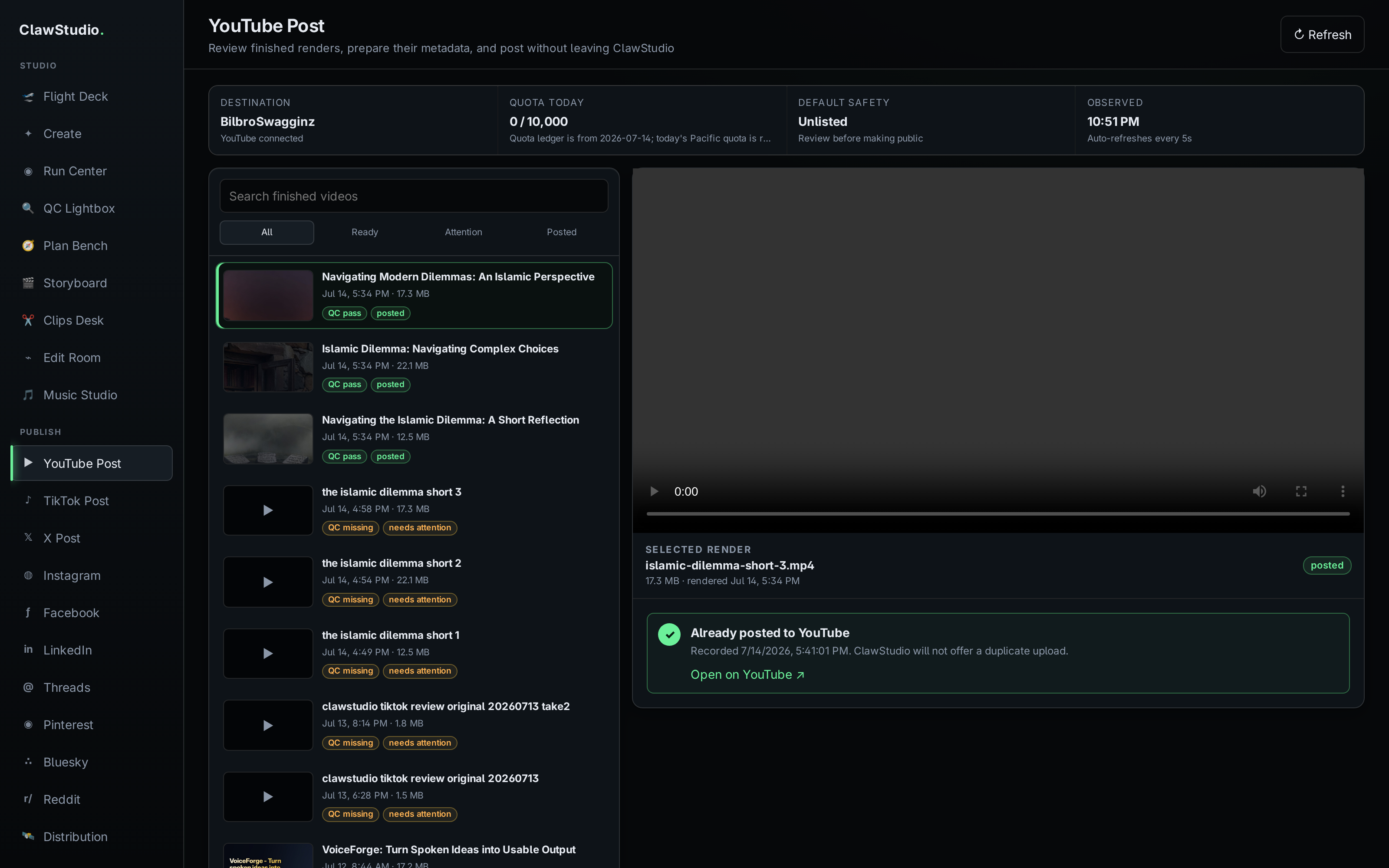 ClawStudio YouTube publishing view