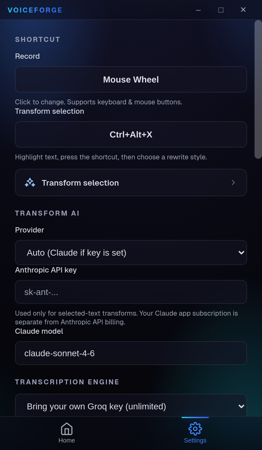 VoiceForge main settings panel