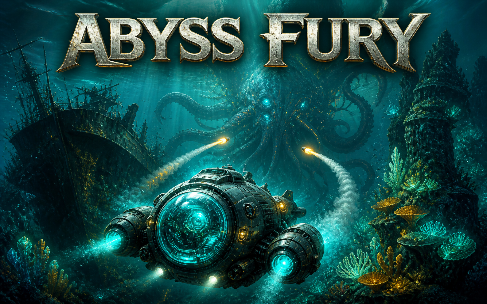 Abyss Fury cover art: a hunter submarine faces a glowing sea creature in the depths