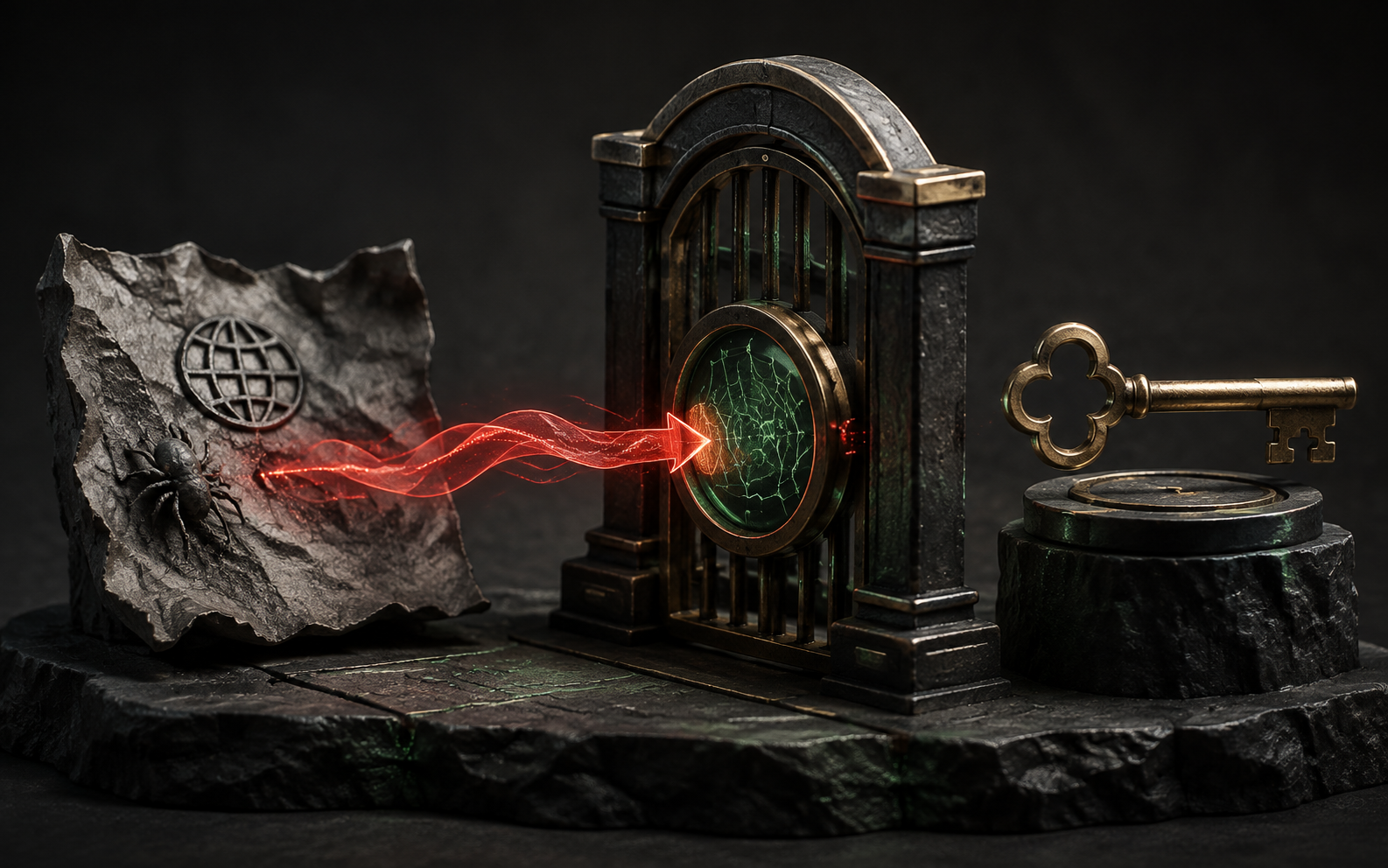 Illustration: a red signal travels from an untrusted paper message toward a privileged brass key, stopped at an inspection gate