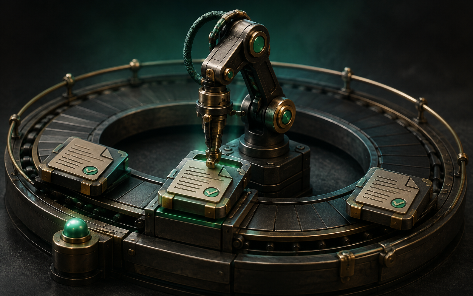 Illustration: a circular mechanical track carries three task blocks through a single precise robotic work station