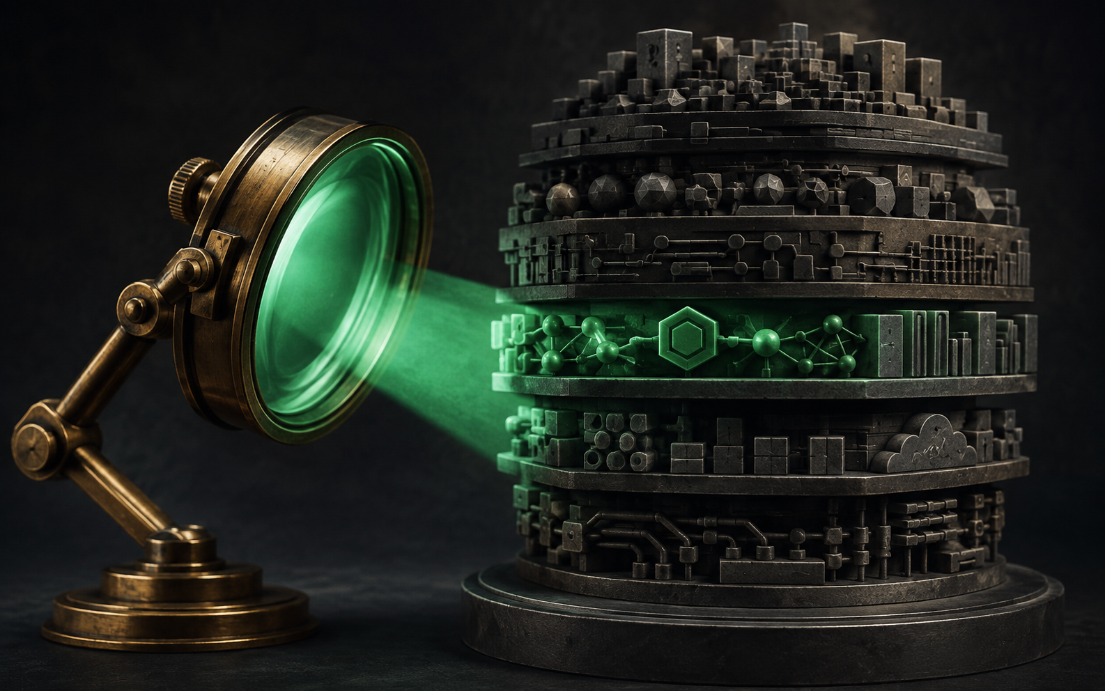Illustration: a large brass inspection lens focuses emerald light on one layer of a complex stacked software sculpture