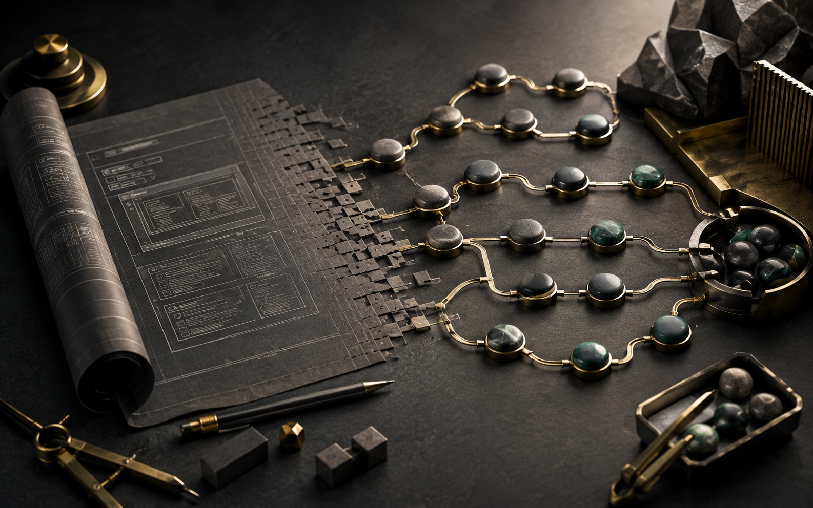 Illustration: a blueprint unfolds into a branching chain of numbered-free task beads connected by fine brass tracks