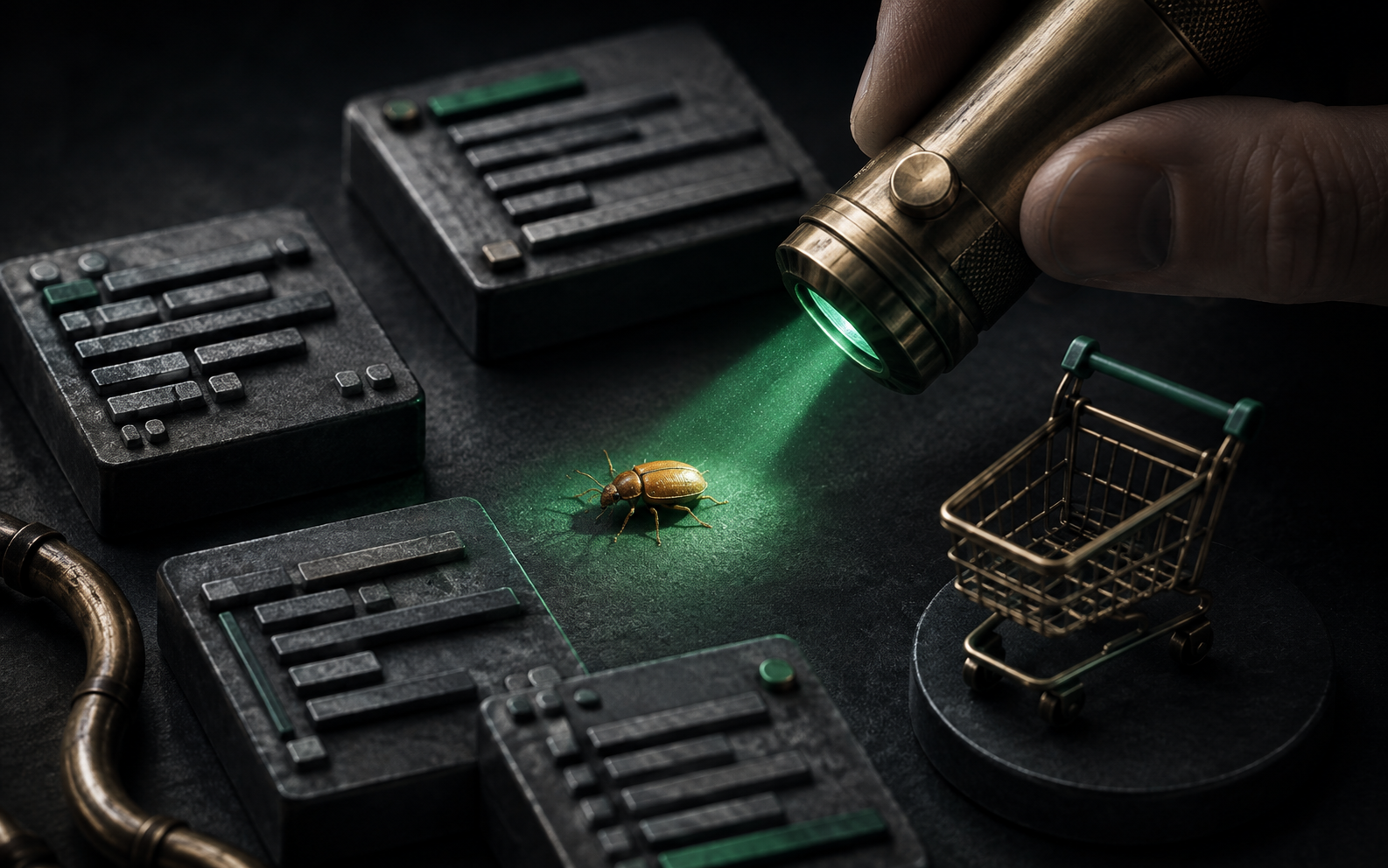 Illustration: a focused handheld scanning beam reveals one tiny amber beetle between several graphite code blocks