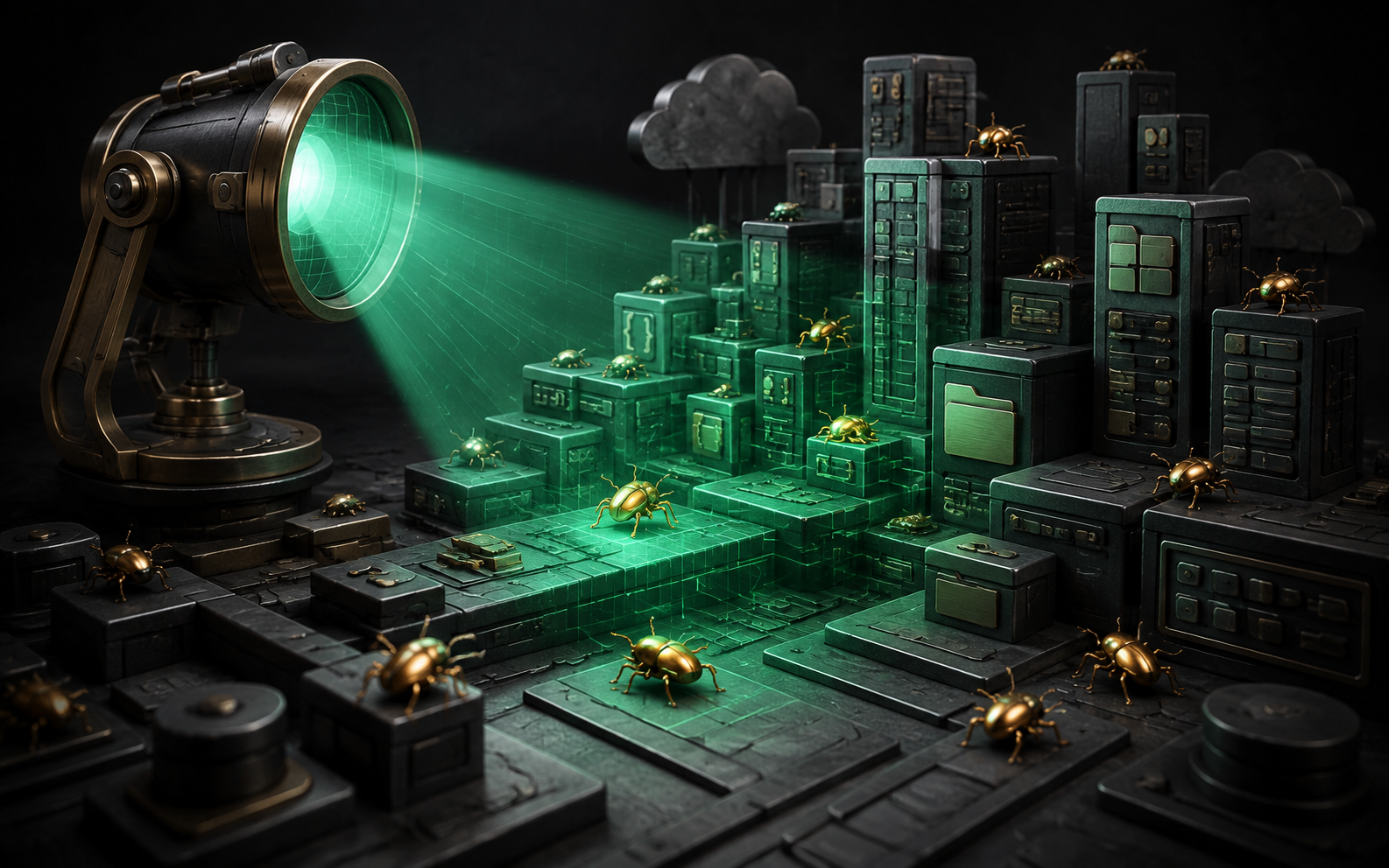 Illustration: a sweeping emerald scanner illuminates several small amber beetles hiding in a miniature city of software blocks