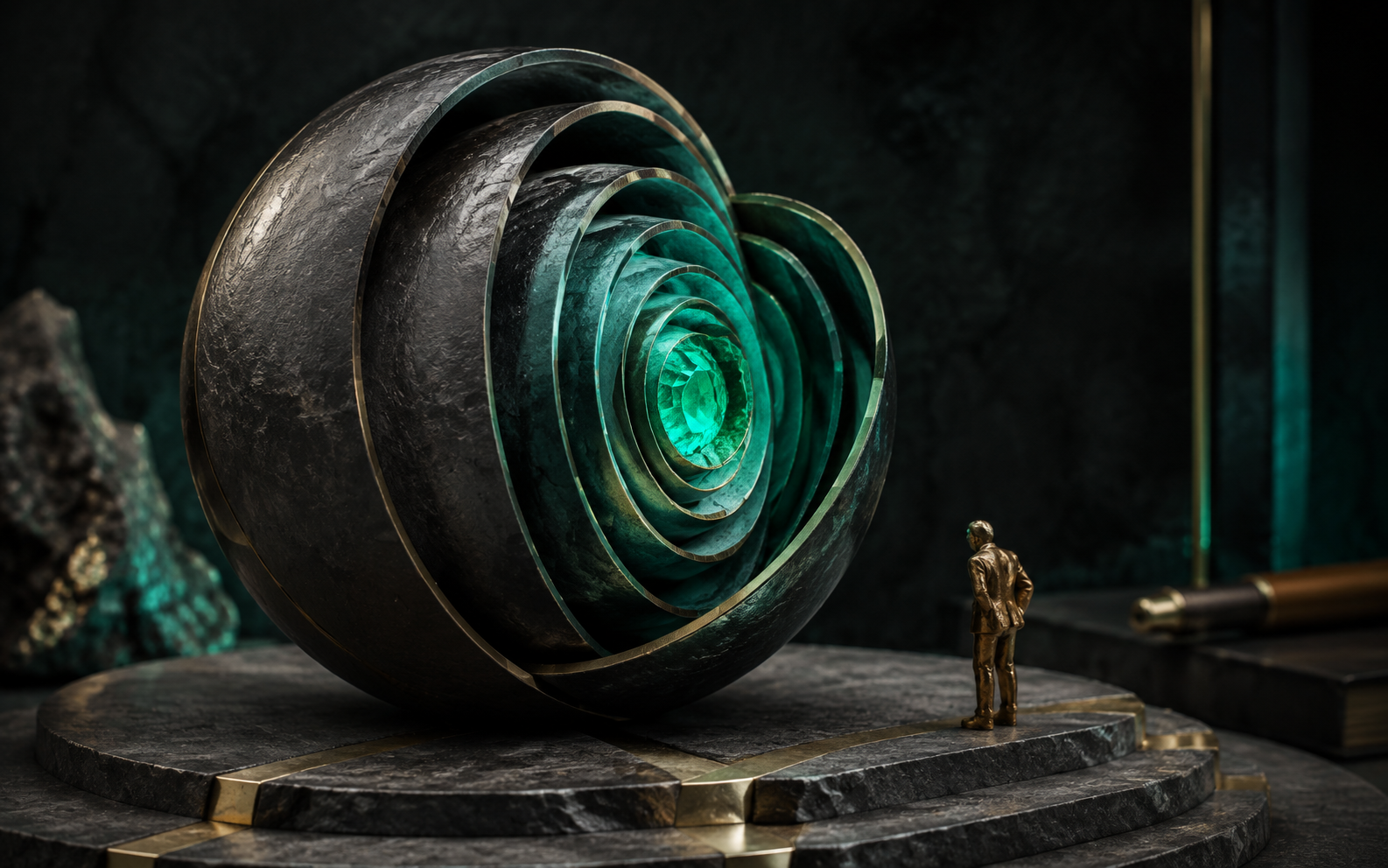 Illustration: concentric layers of a graphite sphere open to reveal an increasingly bright inner emerald core