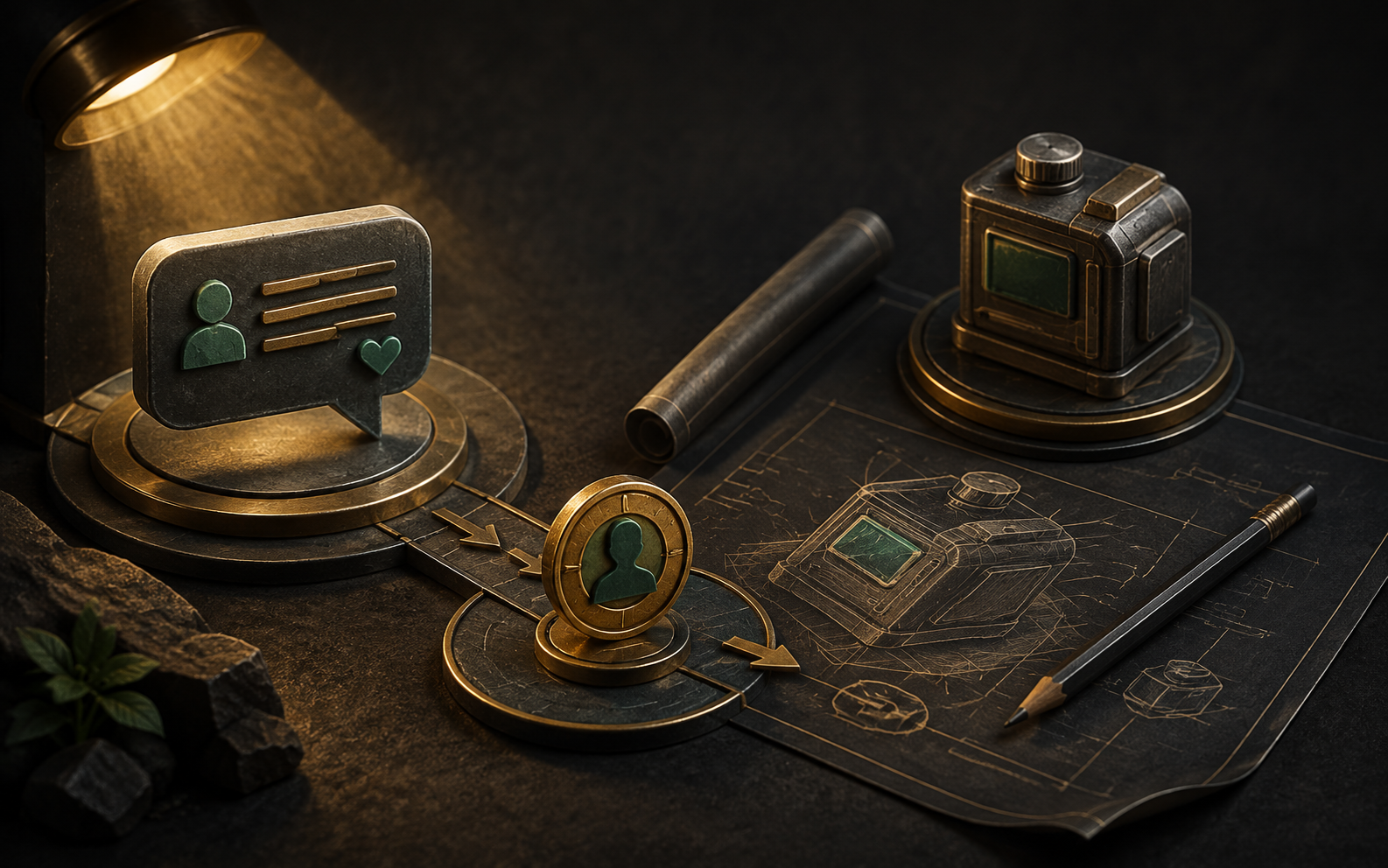 Illustration: a customer's message bubble and a single coin anchor a blueprint for a small useful product