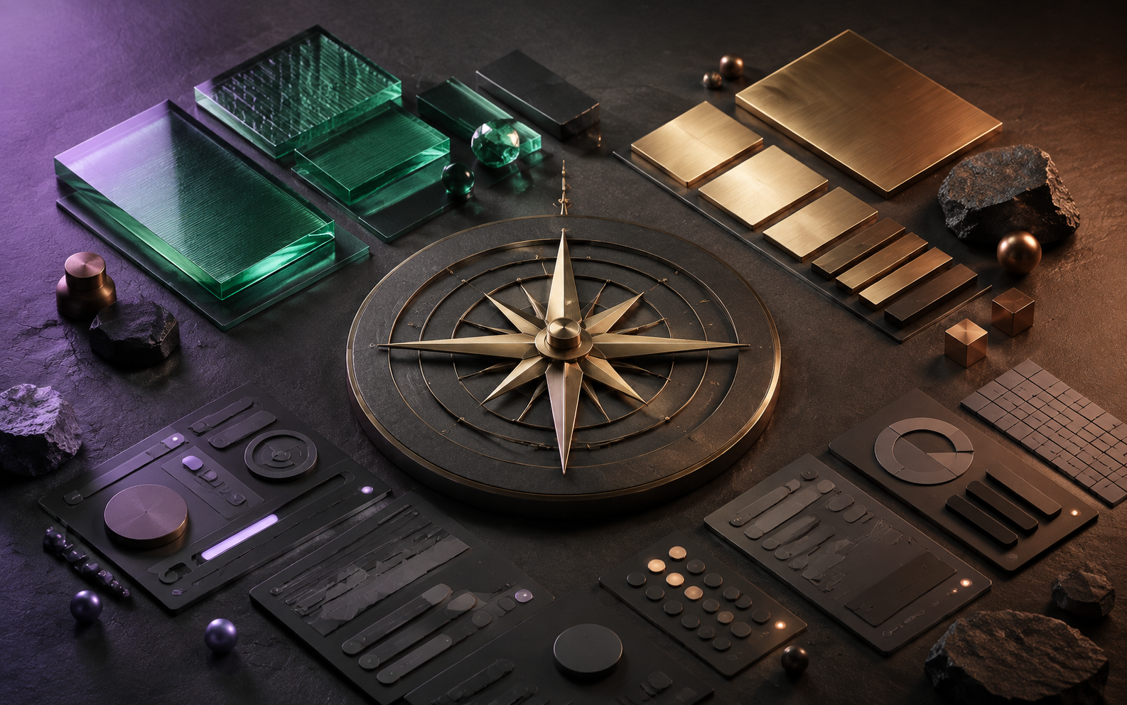 Illustration: an arranged material palette of emerald glass, brass swatches and graphite interface shapes around a designer's compass