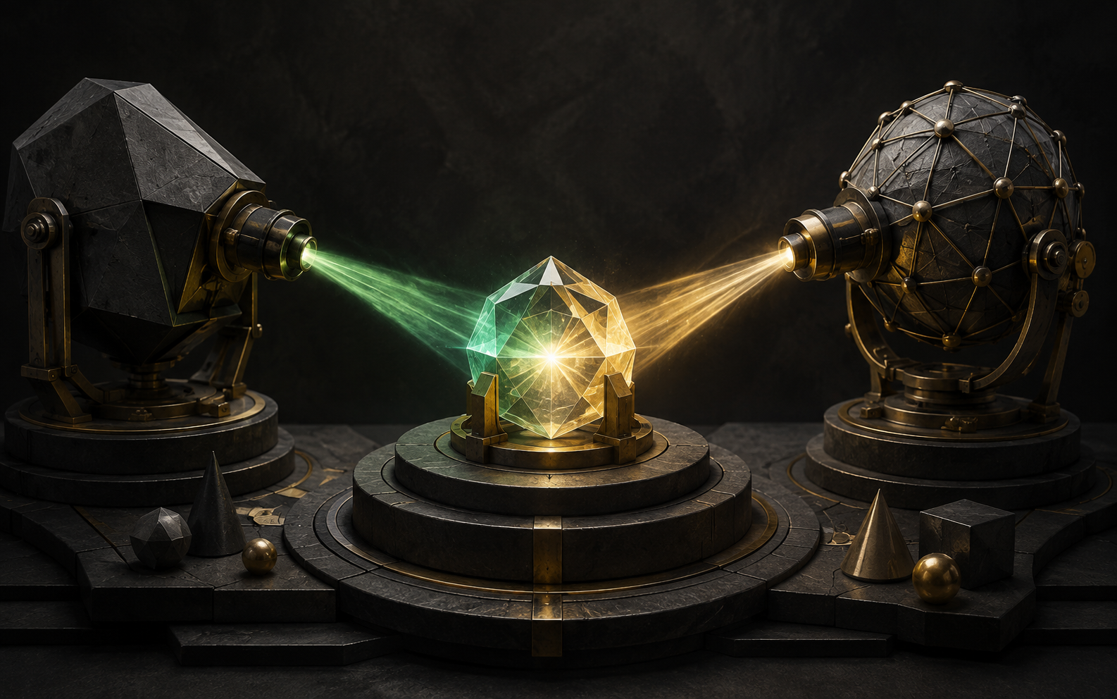 Illustration: two different geometric thinking engines cast intersecting light onto a central idea crystal being refined