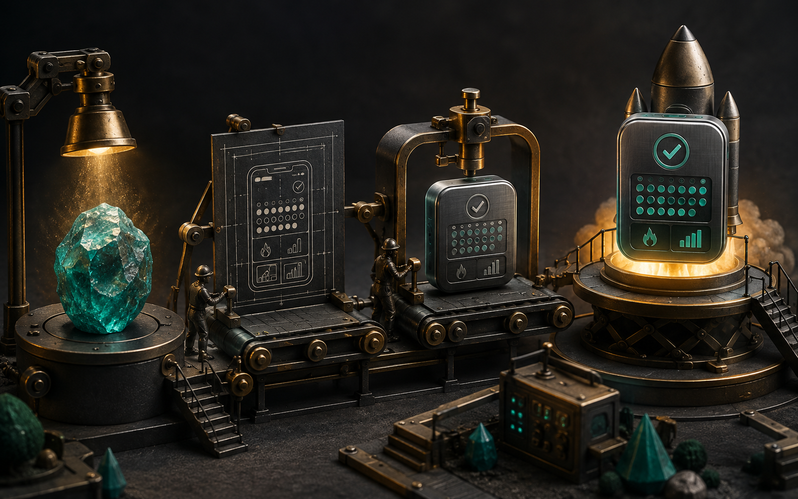 Illustration: a miniature assembly line transforms a glowing rough crystal into a blueprint, then a finished app-shaped metal object on a launch platform