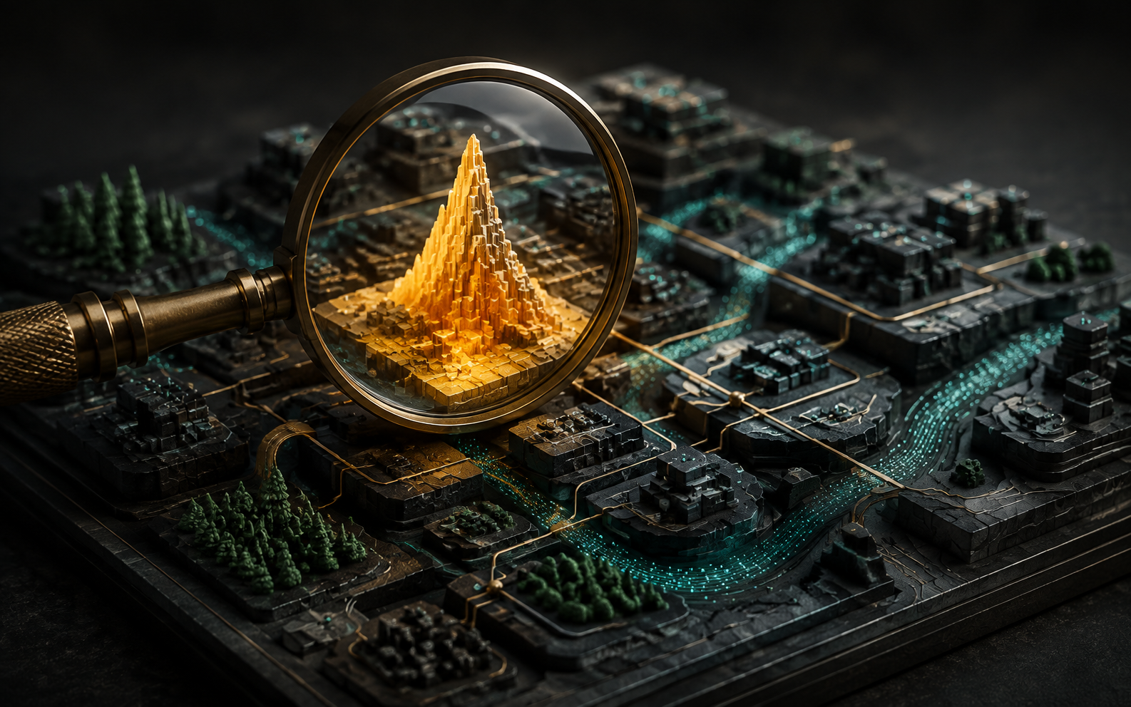 Illustration: a miniature terrain map of software blocks with one bright amber heat peak under a scouting lens