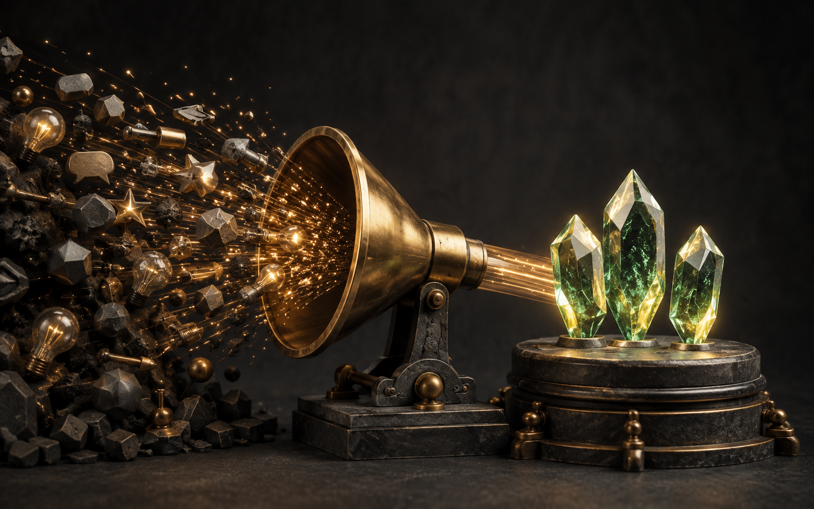Illustration: many small rough sparks pass through a brass funnel and emerge as three bright polished idea crystals