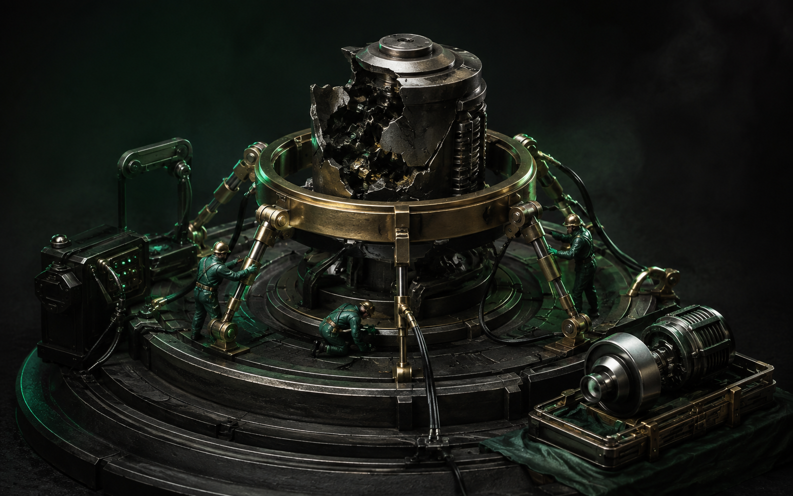 Illustration: a damaged central machine is stabilized by an emergency support ring while a protective replacement part waits nearby