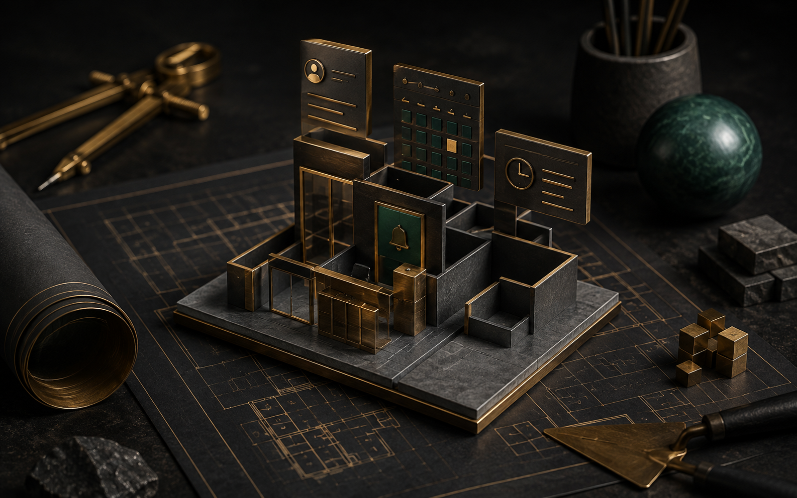 Illustration: a precise miniature foundation with first structural app blocks rising from a blueprint