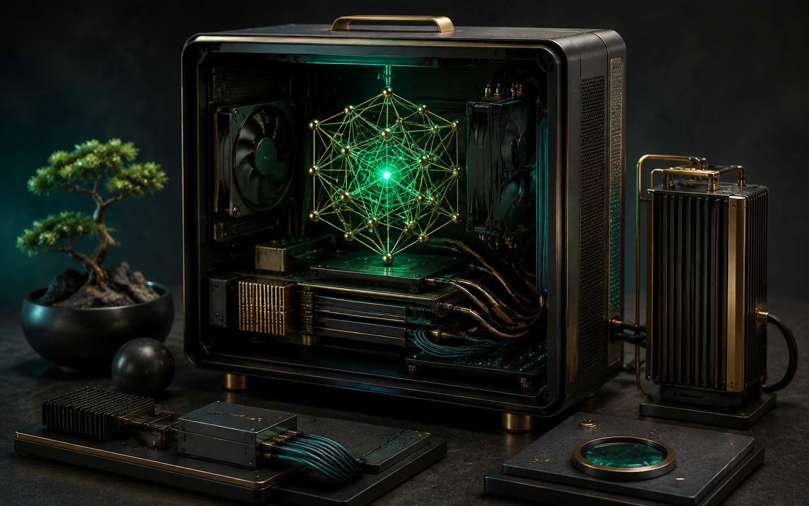 Illustration: a compact desktop computer houses a luminous geometric neural sculpture with orderly cooling and power modules