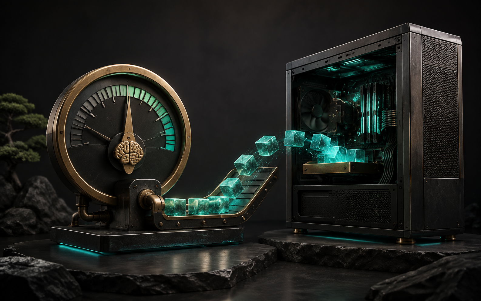 Illustration: a balanced memory gauge safely meters glowing workload blocks into a desktop machine