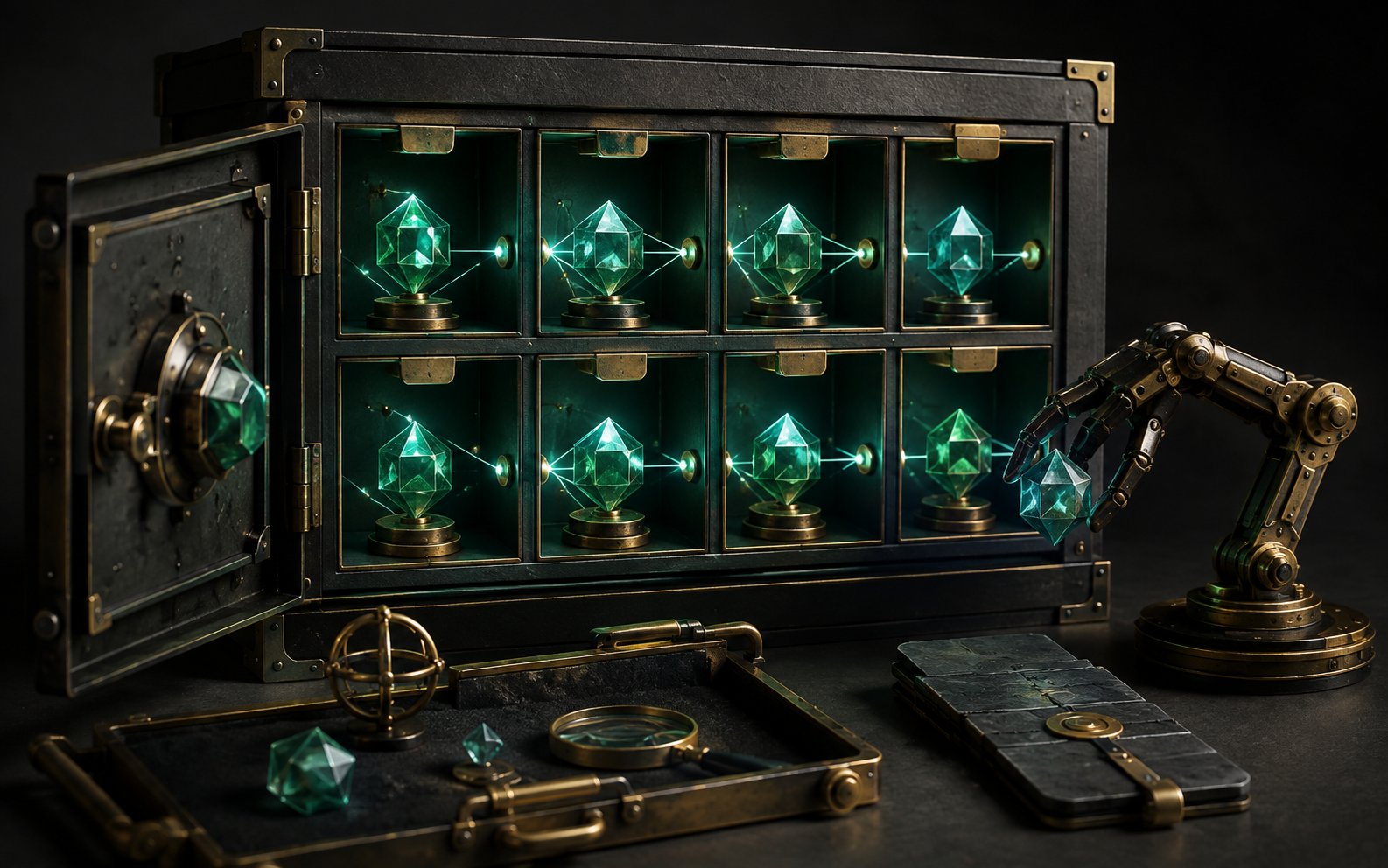 Illustration: a precision archive cabinet stores glowing decision crystals in orderly connected compartments