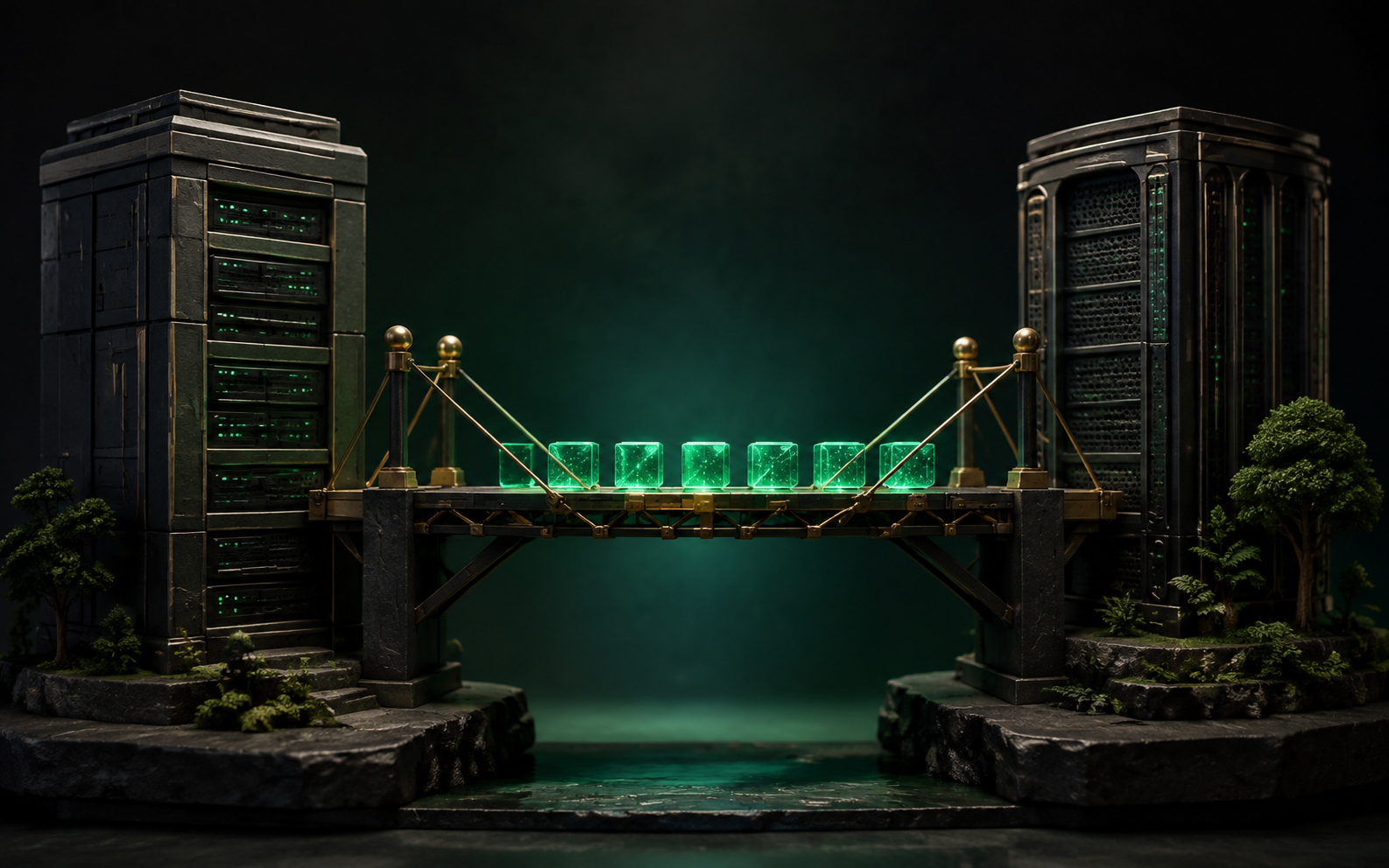 Illustration: identical glowing data cubes cross a carefully braced bridge between two different server towers