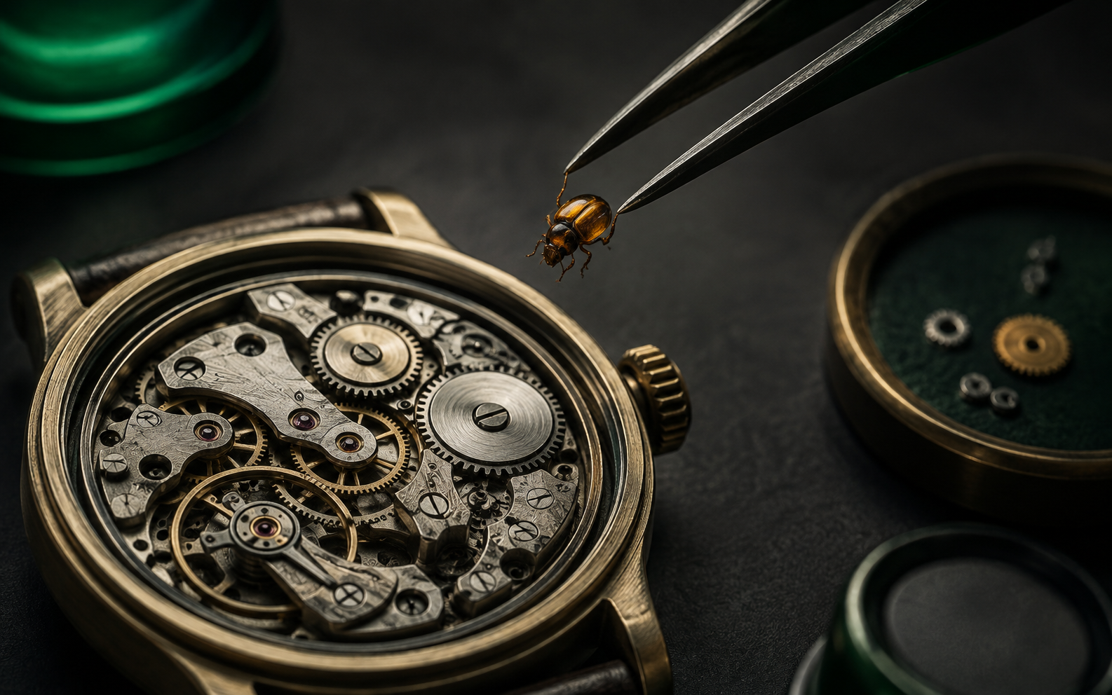 Illustration: precision tweezers remove one tiny amber beetle from an otherwise intact fine mechanical watch