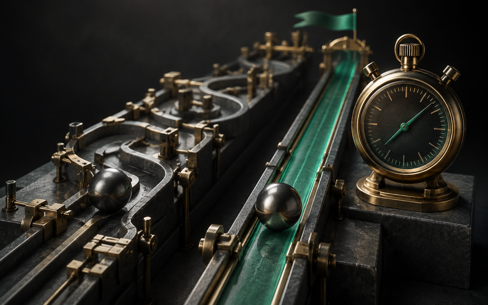 Illustration: two parallel mechanical tracks carry identical spheres, one streamlined track finishing faster beside a precise brass stopwatch