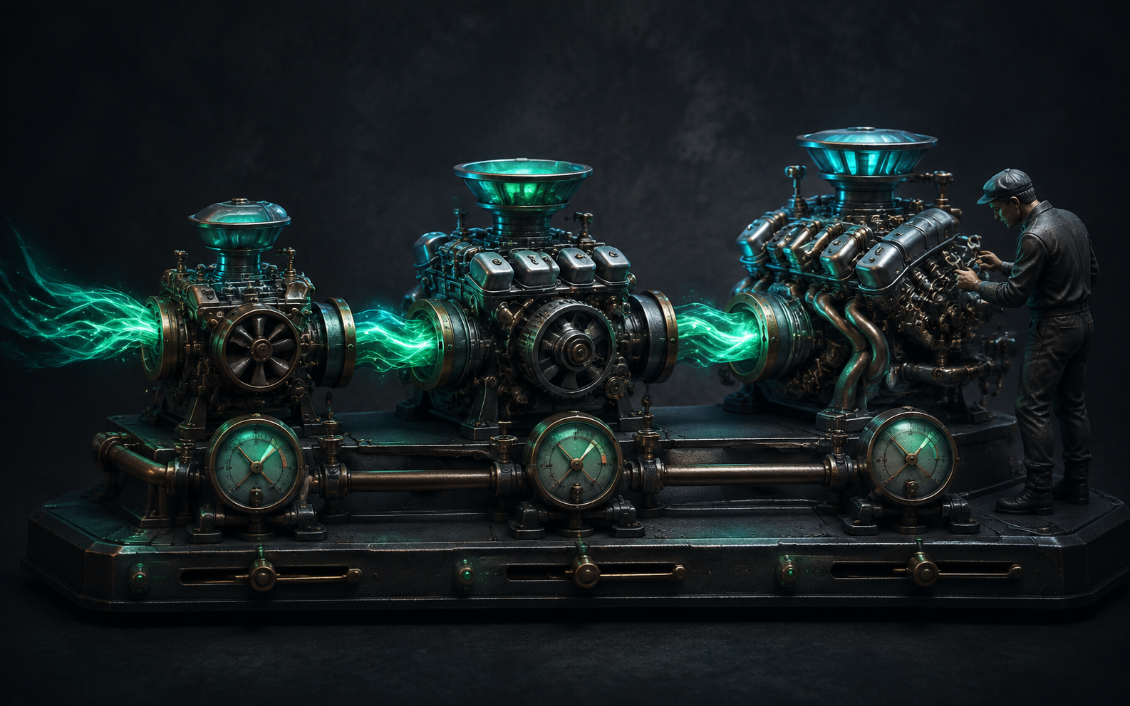 Illustration: a linked sequence of three mechanical engines is tuned together with precise gauges and flowing emerald energy