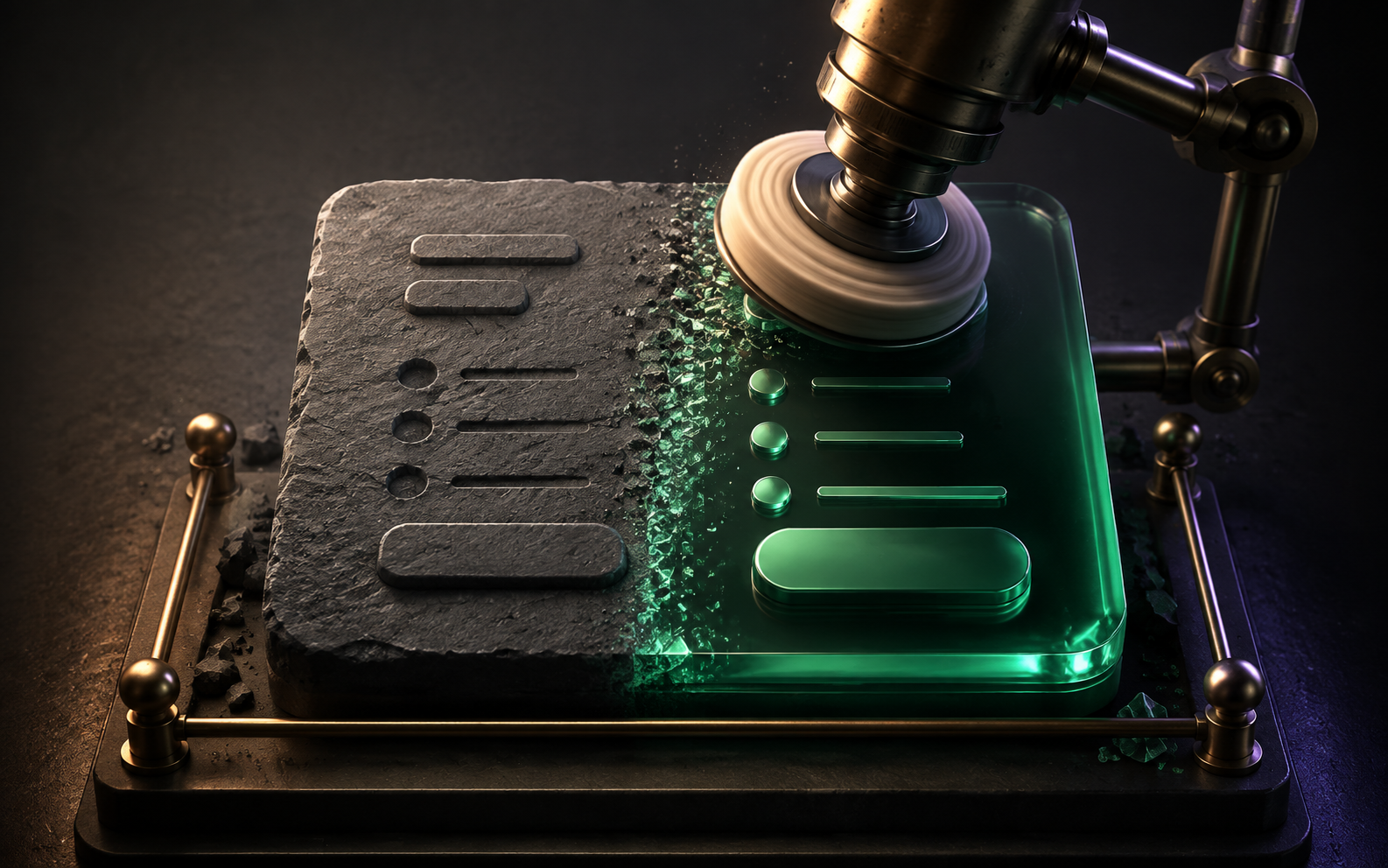 Illustration: a polishing tool transforms one half of a rough graphite interface tile into beautifully finished emerald glass
