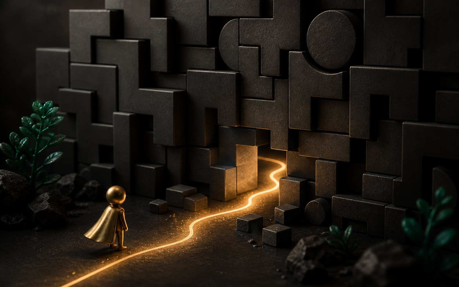 Illustration: a small glowing path finds a clever opening through a tangled wall of interlocking graphite blocks