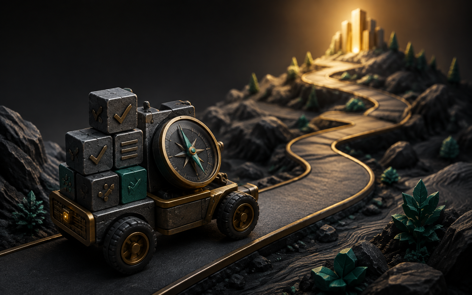 Illustration: a compass-guided vehicle carries task blocks along a clear path toward a softly lit destination