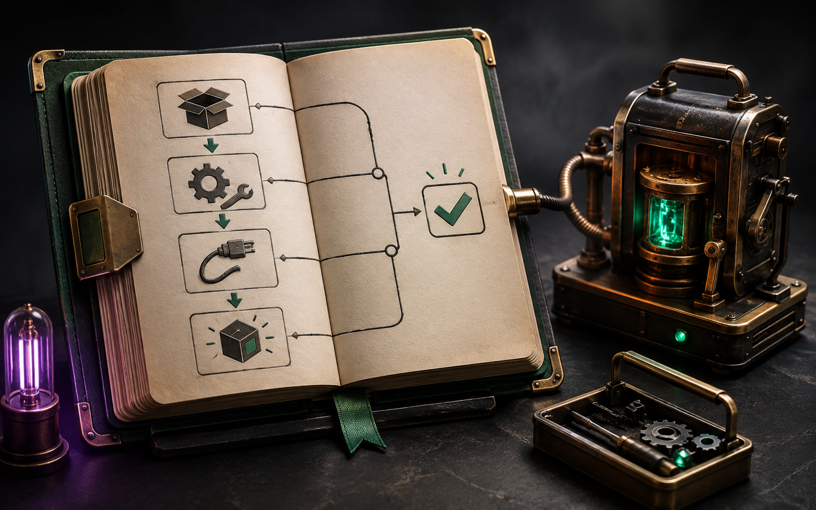 Illustration: an open technical handbook with clear pictogram steps connecting to a small working machine