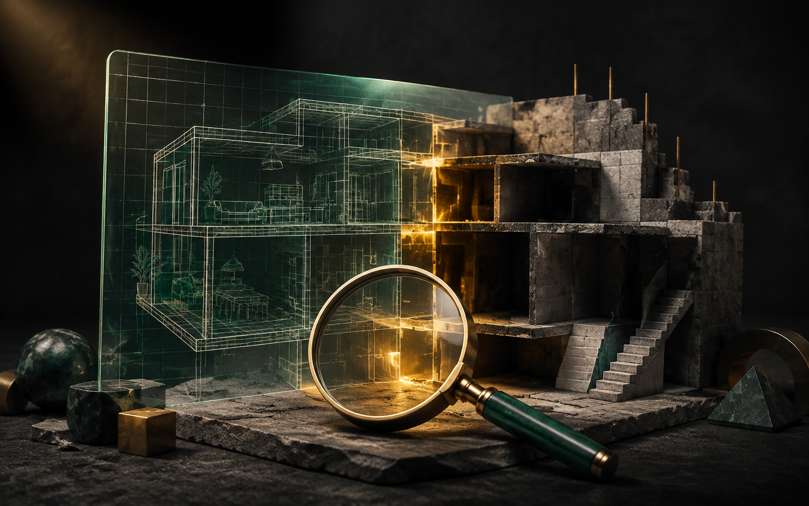 Illustration: a translucent blueprint overlay aligns with a partly finished physical model, revealing gaps with amber light