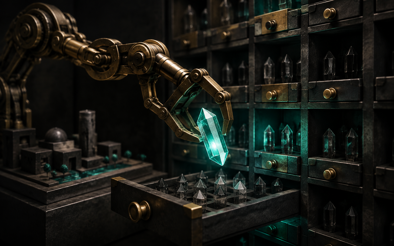 Illustration: a brass retrieval arm selects one glowing relevant crystal from a dark orderly archive