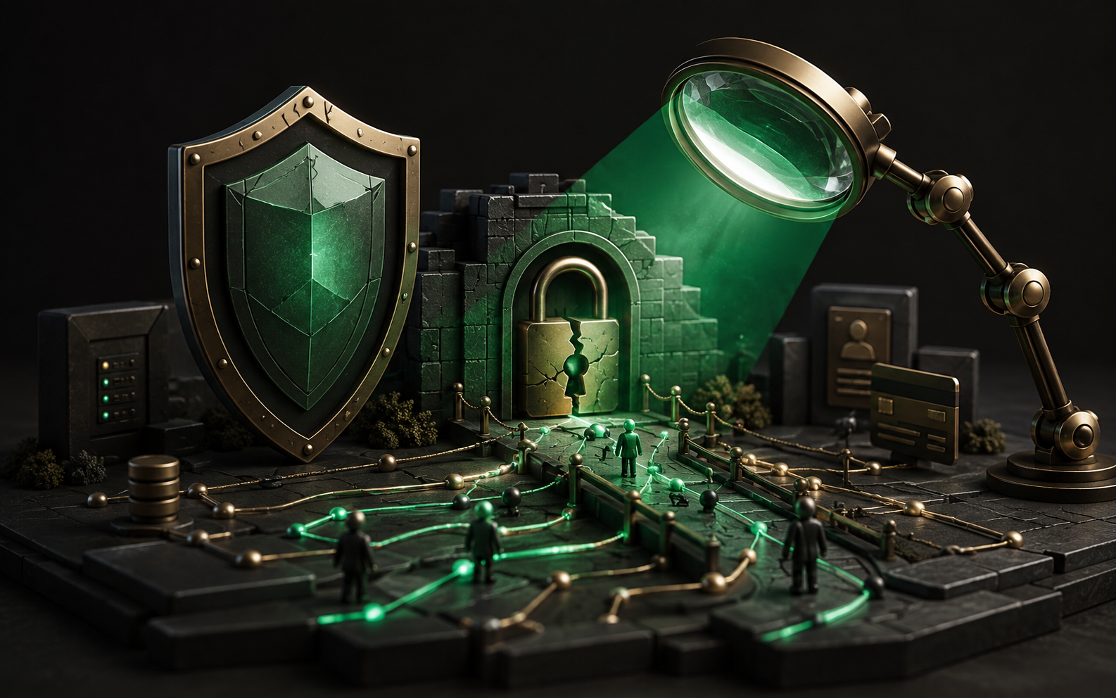 Illustration: an emerald shield and focused inspection light reveal a cracked lock in a miniature software gateway