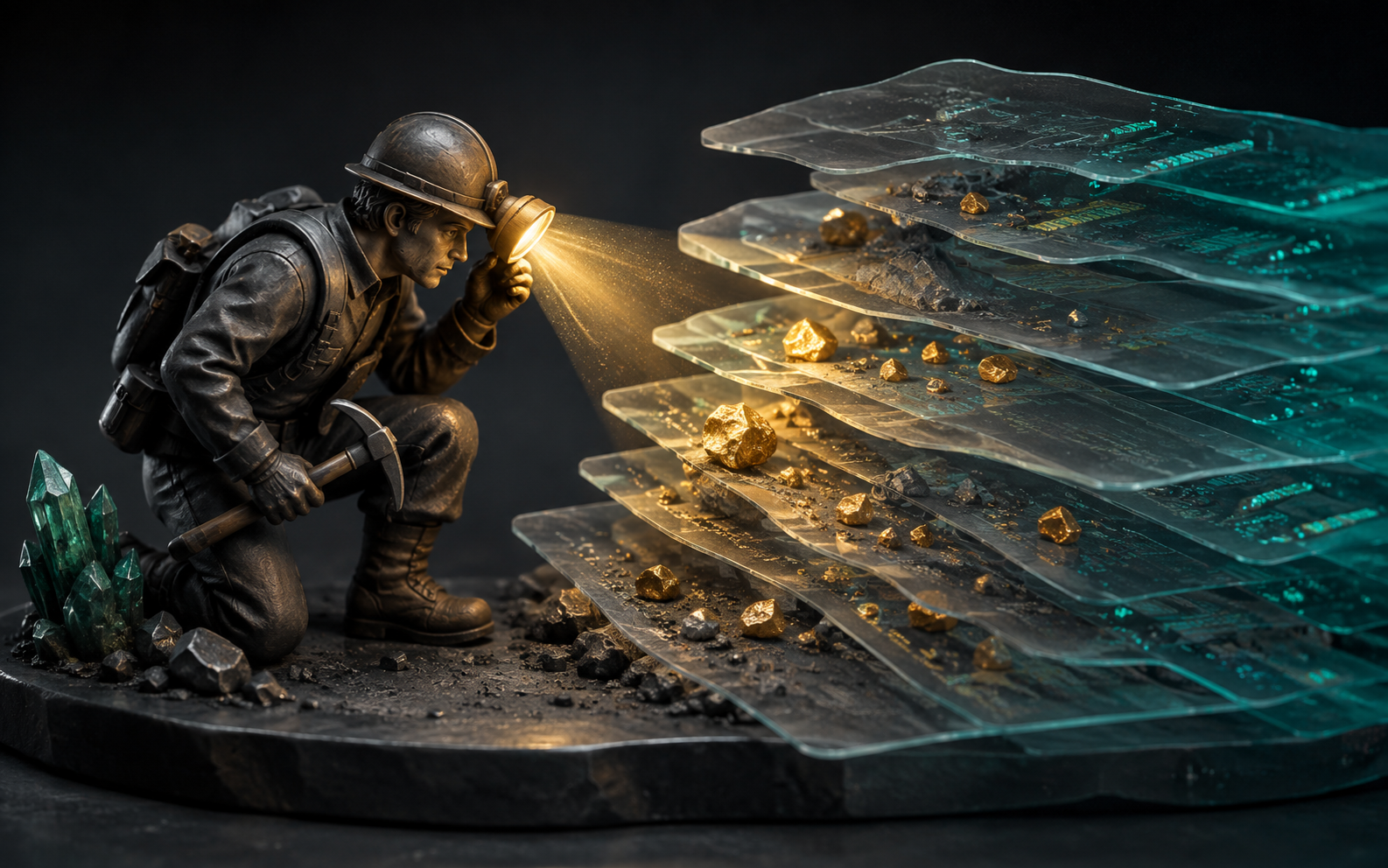 Illustration: a miner's inspection lamp reveals useful golden fragments in layered translucent records of previous sessions