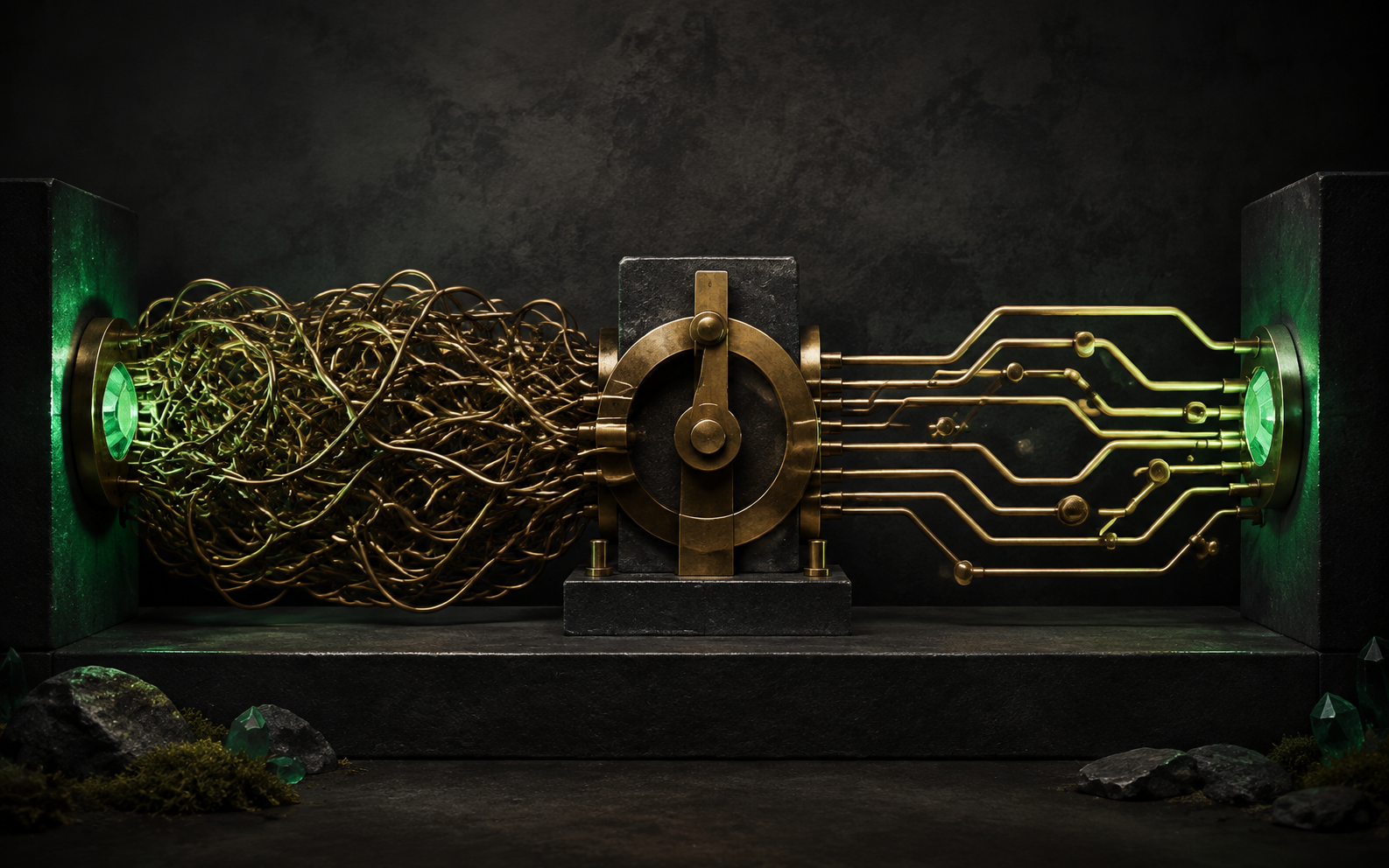 Illustration: a tangled bundle of brass wires resolves into a clean elegant circuit with matching entrance and exit lights