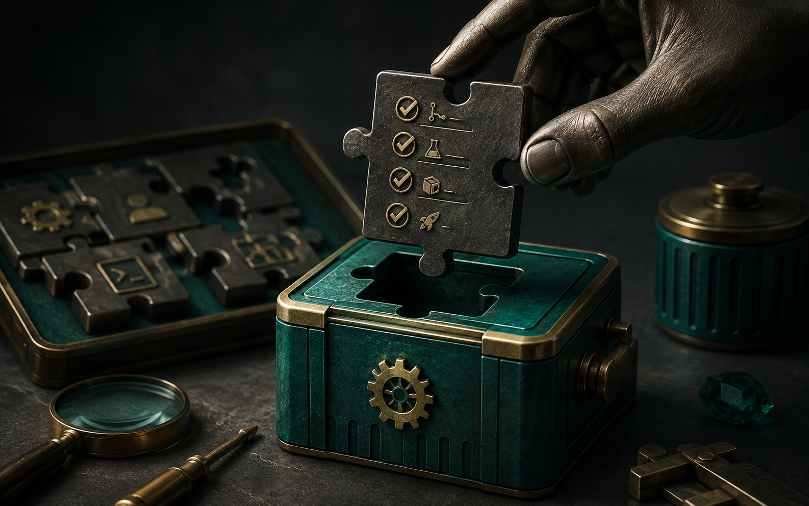Illustration: a solved mechanical puzzle is carefully fitted into a reusable emerald tool cartridge