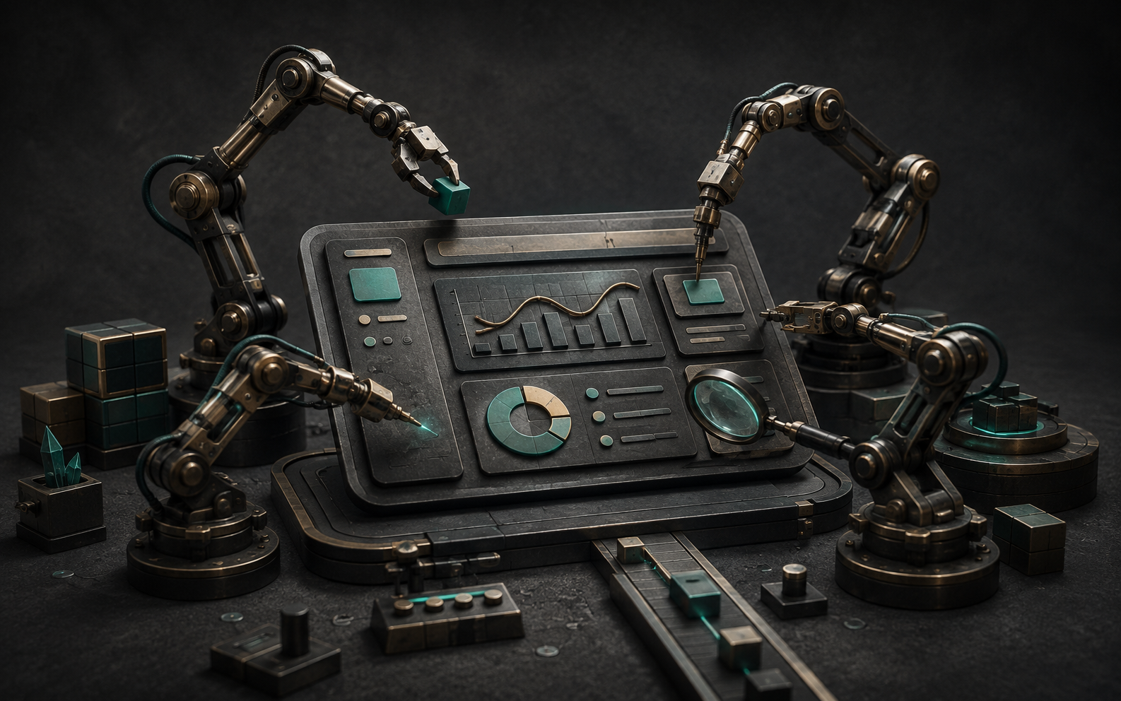 Illustration: several small distinct robotic arms work in coordinated positions on one central app-shaped construction