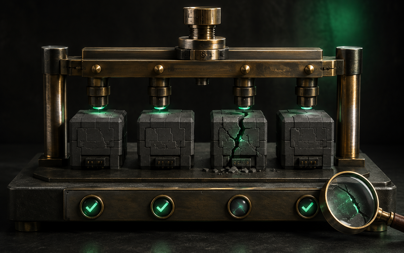Illustration: a calibrated testing jig checks several physical software blocks, revealing one hidden cracked piece