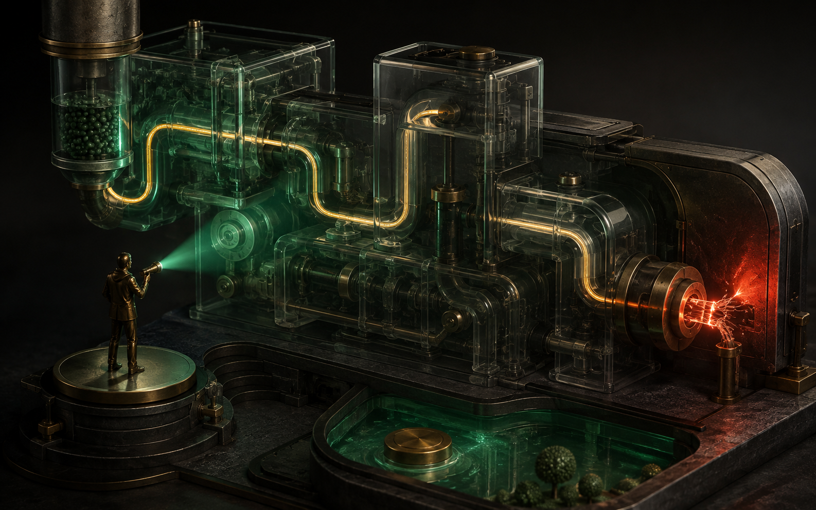 Illustration: a single amber thread winds through translucent machinery toward a clearly illuminated faulty connection