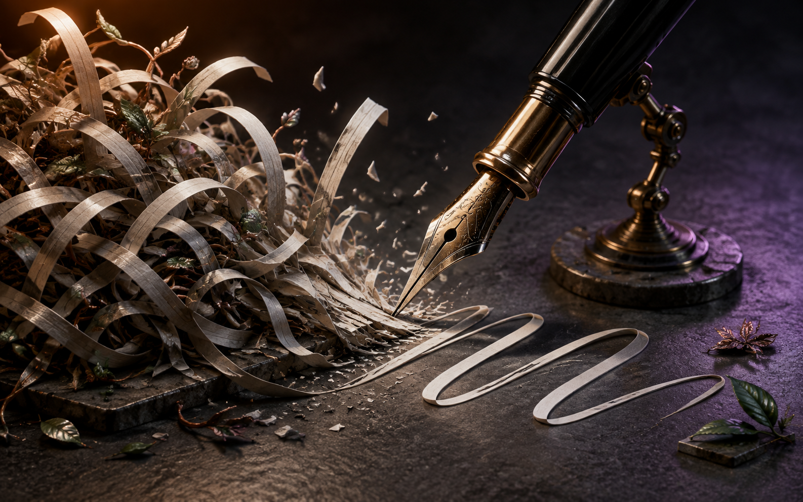 Illustration: a fountain pen trims an overgrown tangle of paper ribbons into a few clean expressive writing strokes